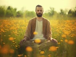 hombre meditando en el seno de naturaleza ai generativo foto