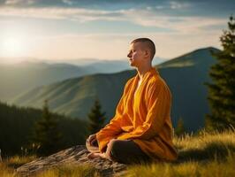 hombre meditando en el seno de naturaleza ai generativo foto