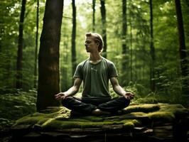 hombre meditando en el seno de naturaleza ai generativo foto