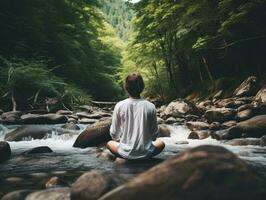 hombre meditando en el seno de naturaleza ai generativo foto