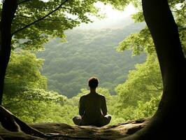 hombre meditando en el seno de naturaleza ai generativo foto