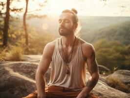 Man meditating in the bosom of nature AI Generative photo