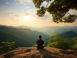 Man meditating in the bosom of nature AI Generative photo