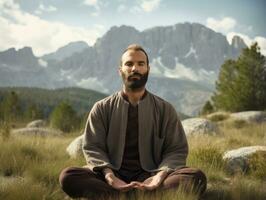 hombre meditando en el seno de naturaleza ai generativo foto