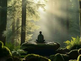 hombre meditando en el seno de naturaleza ai generativo foto