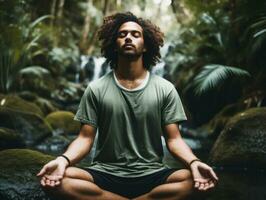 hombre meditando en el seno de naturaleza ai generativo foto