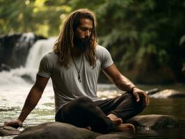 Man meditating in the bosom of nature AI Generative photo