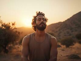 Man meditating in the bosom of nature AI Generative photo