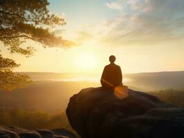 Man meditating in the bosom of nature AI Generative photo