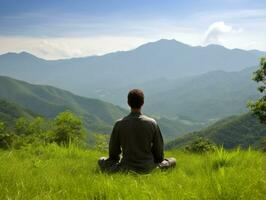 hombre meditando en el seno de naturaleza ai generativo foto