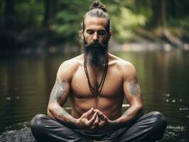 Man meditating in the bosom of nature AI Generative photo