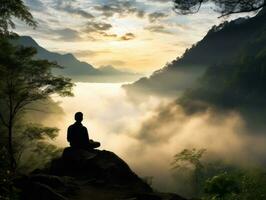 hombre meditando en el seno de naturaleza ai generativo foto