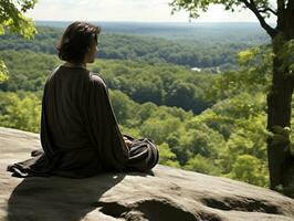 hombre meditando en el seno de naturaleza ai generativo foto