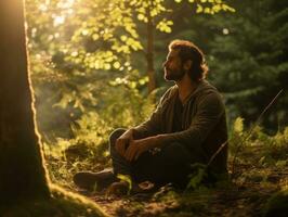 Man meditating in the bosom of nature AI Generative photo