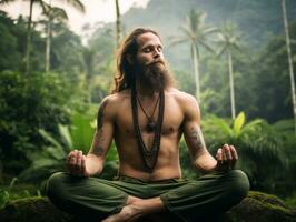 Man meditating in the bosom of nature AI Generative photo