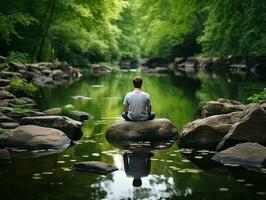 hombre meditando en el seno de naturaleza ai generativo foto