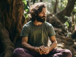 Man meditating in the bosom of nature AI Generative photo