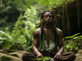 hombre meditando en el seno de naturaleza ai generativo foto