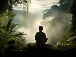 hombre meditando en el seno de naturaleza ai generativo foto