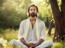 Man meditating in the bosom of nature AI Generative photo