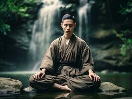 Man meditating in the bosom of nature AI Generative photo