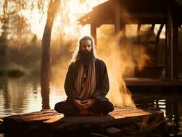 hombre meditando en el seno de naturaleza ai generativo foto