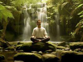 hombre meditando en el seno de naturaleza ai generativo foto