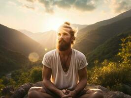 Man meditating in the bosom of nature AI Generative photo