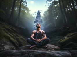 hombre meditando en el seno de naturaleza ai generativo foto