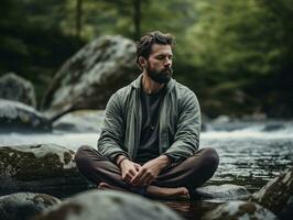 Man meditating in the bosom of nature AI Generative photo