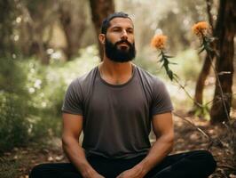 Man meditating in the bosom of nature AI Generative photo