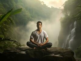 hombre meditando en el seno de naturaleza ai generativo foto