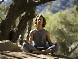 hombre meditando en el seno de naturaleza ai generativo foto