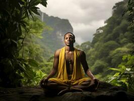 hombre meditando en el seno de naturaleza ai generativo foto