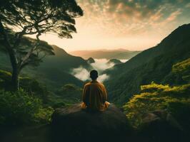 hombre meditando en el seno de naturaleza ai generativo foto