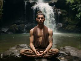 hombre meditando en el seno de naturaleza ai generativo foto