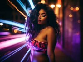 Plus size woman walking confidently through the vibrant neon lit streets AI Generative photo