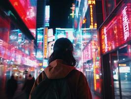 Plus size woman walking confidently through the vibrant neon lit streets AI Generative photo