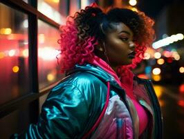 Plus size woman walking confidently through the vibrant neon lit streets AI Generative photo