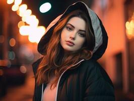 Plus size woman walking confidently through the vibrant neon lit streets AI Generative photo