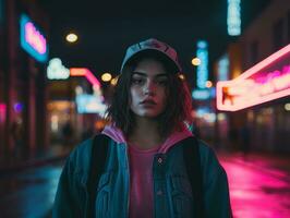 Plus size woman walking confidently through the vibrant neon lit streets AI Generative photo