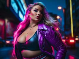 Plus size woman walking confidently through the vibrant neon lit streets AI Generative photo