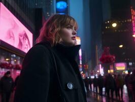Plus size woman walking confidently through the vibrant neon lit streets AI Generative photo