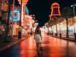 más Talla mujer caminando con confianza mediante el vibrante neón iluminado calles ai generativo foto