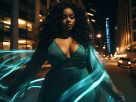 Plus size woman walking confidently through the vibrant neon lit streets AI Generative photo