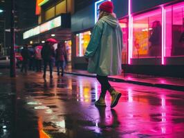 Plus size woman walking confidently through the vibrant neon lit streets AI Generative photo