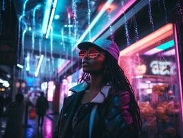 Plus size woman walking confidently through the vibrant neon lit streets AI Generative photo