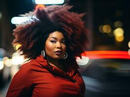 Plus size woman walking confidently through the vibrant neon lit streets AI Generative photo