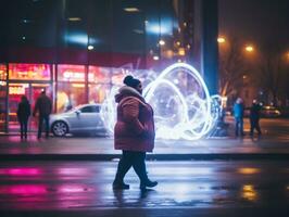 más Talla mujer caminando con confianza mediante el vibrante neón iluminado calles ai generativo foto