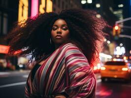 más Talla mujer caminando con confianza mediante el vibrante neón iluminado calles ai generativo foto